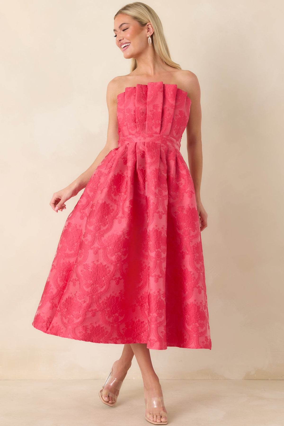 The Genevieve Hot Pink Jacquard Strapless Midi Dress