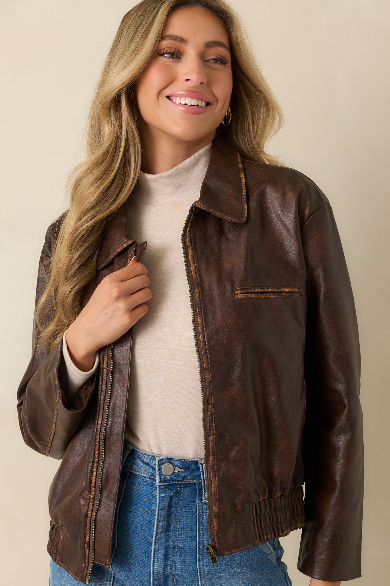 Rugged Reputation Brown Faux Distressed Leather Zip-Up Jacket