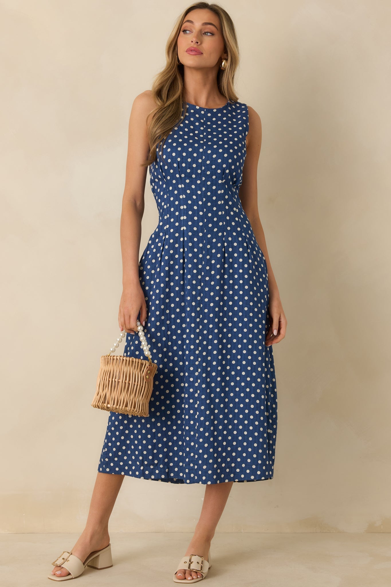 Nothing But Chic Blue Polka Dot Cotton Sleeveless Midi Dress