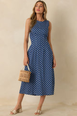 Nothing But Chic Blue Polka Dot Cotton Sleeveless Midi Dress