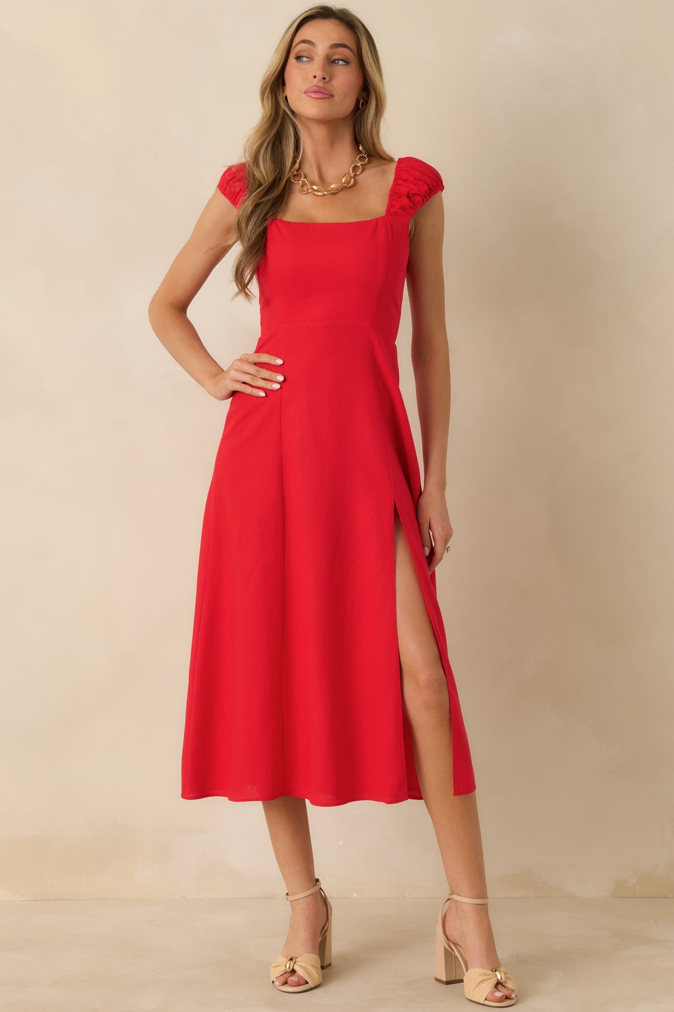 Radiant Reverie Red Linen Midi Dress