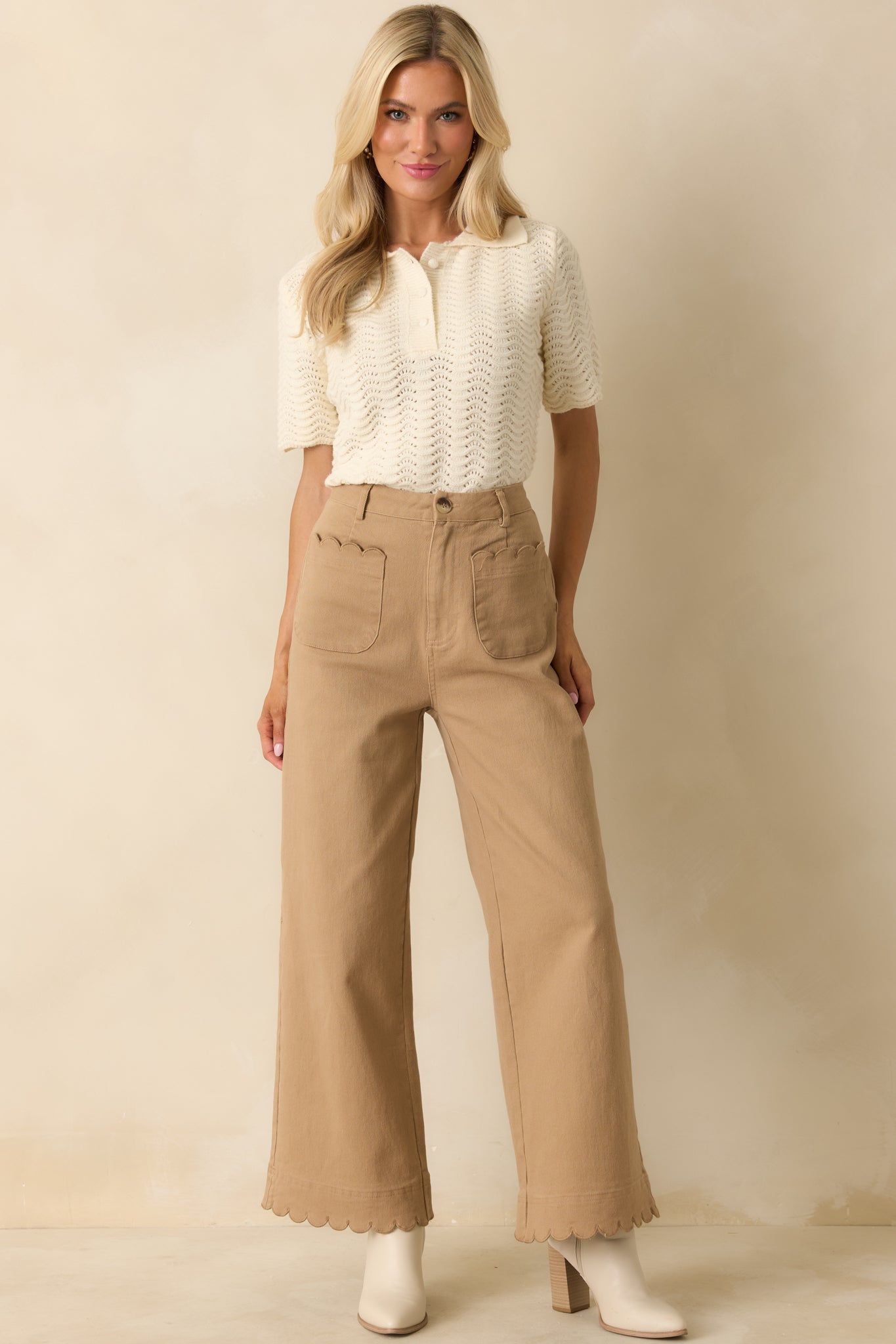 Left It At That Ivory Scalloped Pointelle Knit Short Sleeve Sweater
