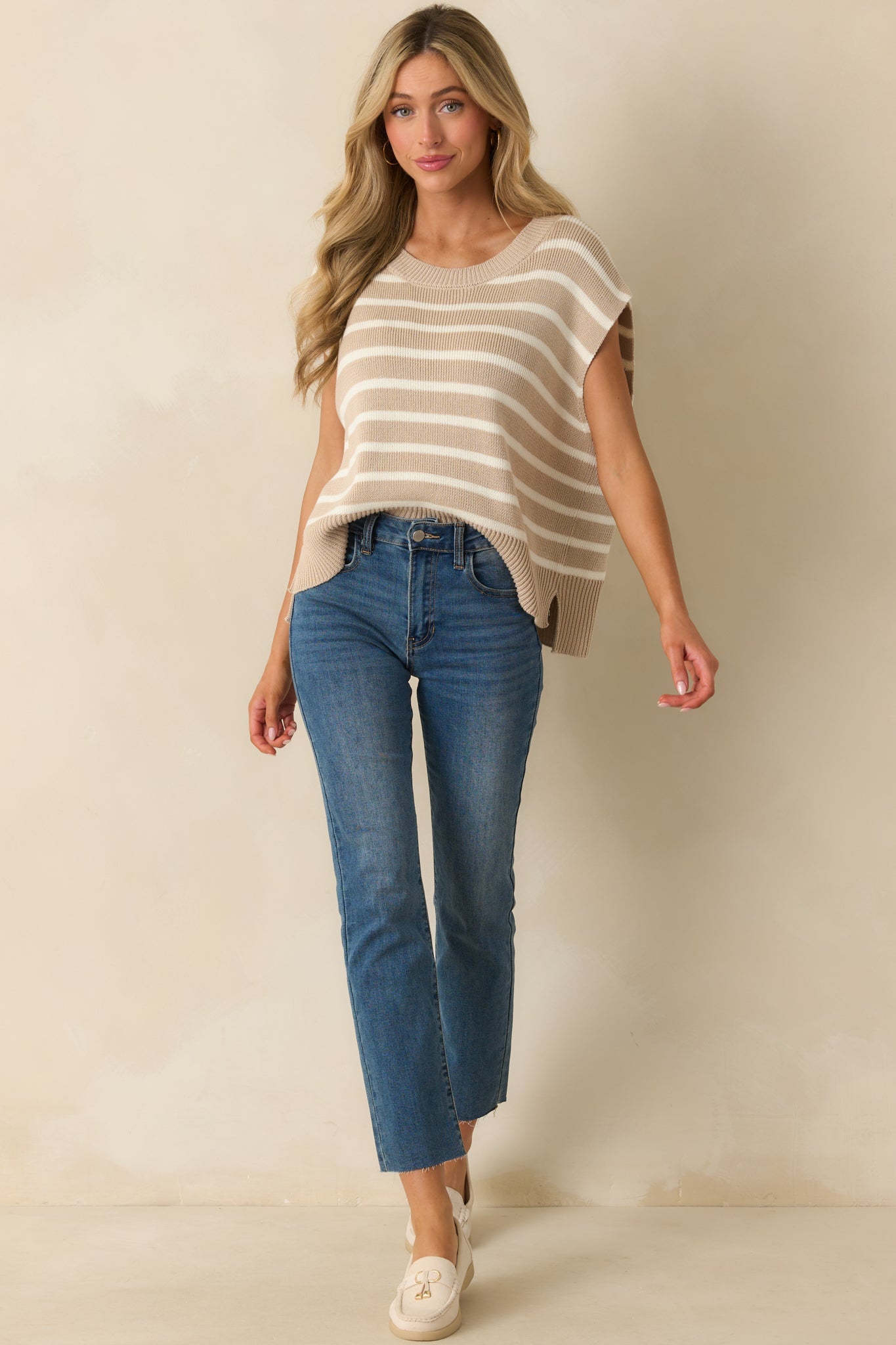 Daring Diva Taupe Stripe Oversized Sweater Vest