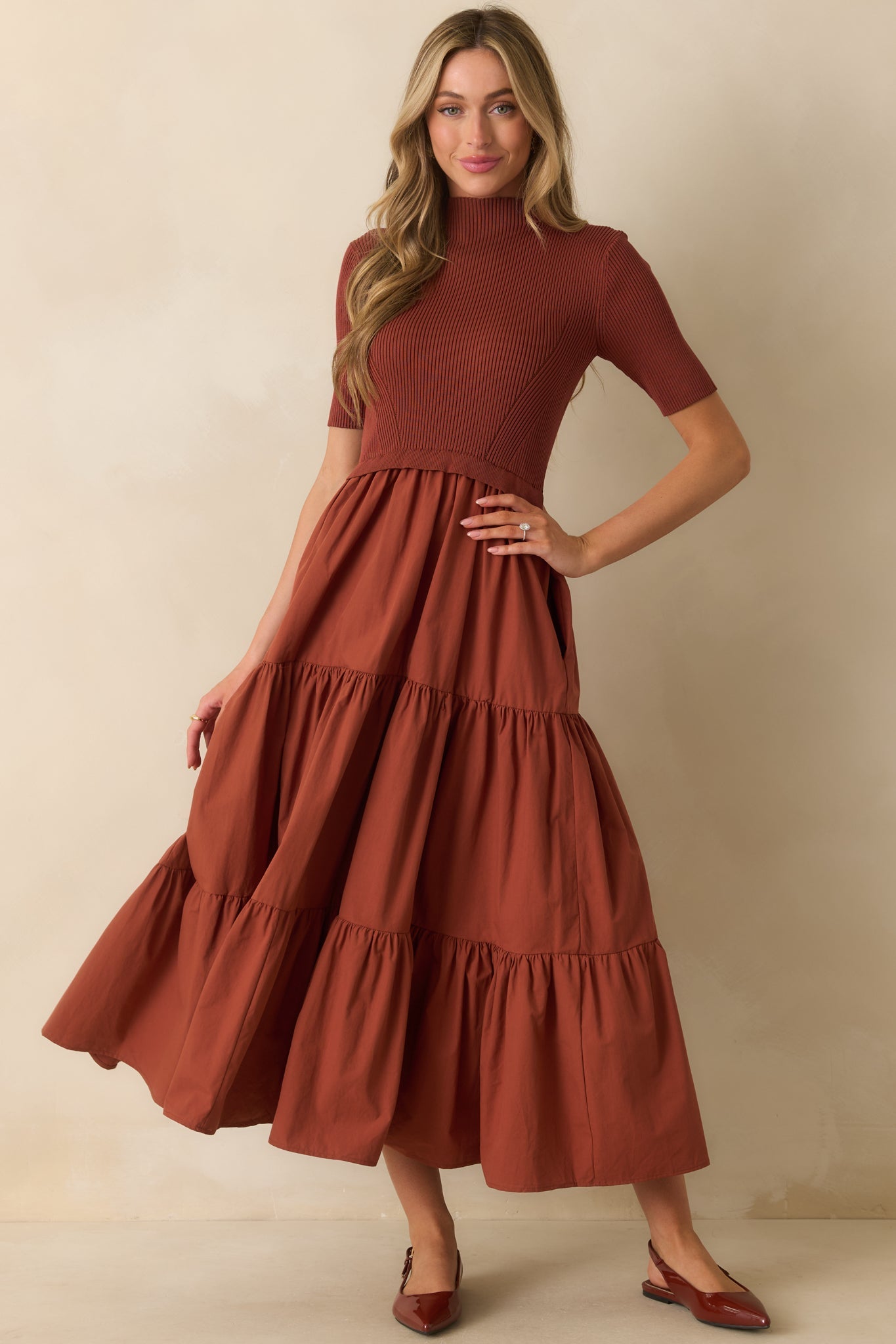 Keep Talking Rust Red Cotton Knit Bodice Short Sleeve Maxi Dress
