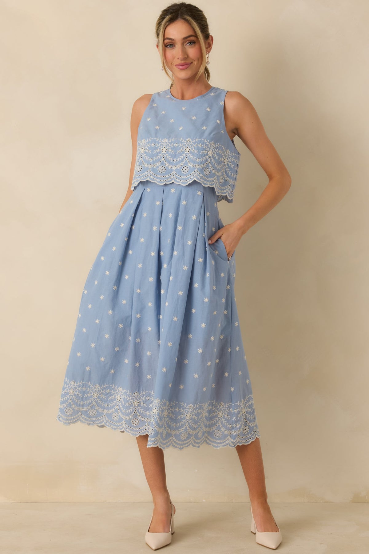 Right Here Waiting Light Blue Cotton Scallop Lace Embroidered Midi Dress
