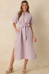 Elegantly In Route Pink & Blue Stripe Cotton Blend Belt Tie Midi Dress