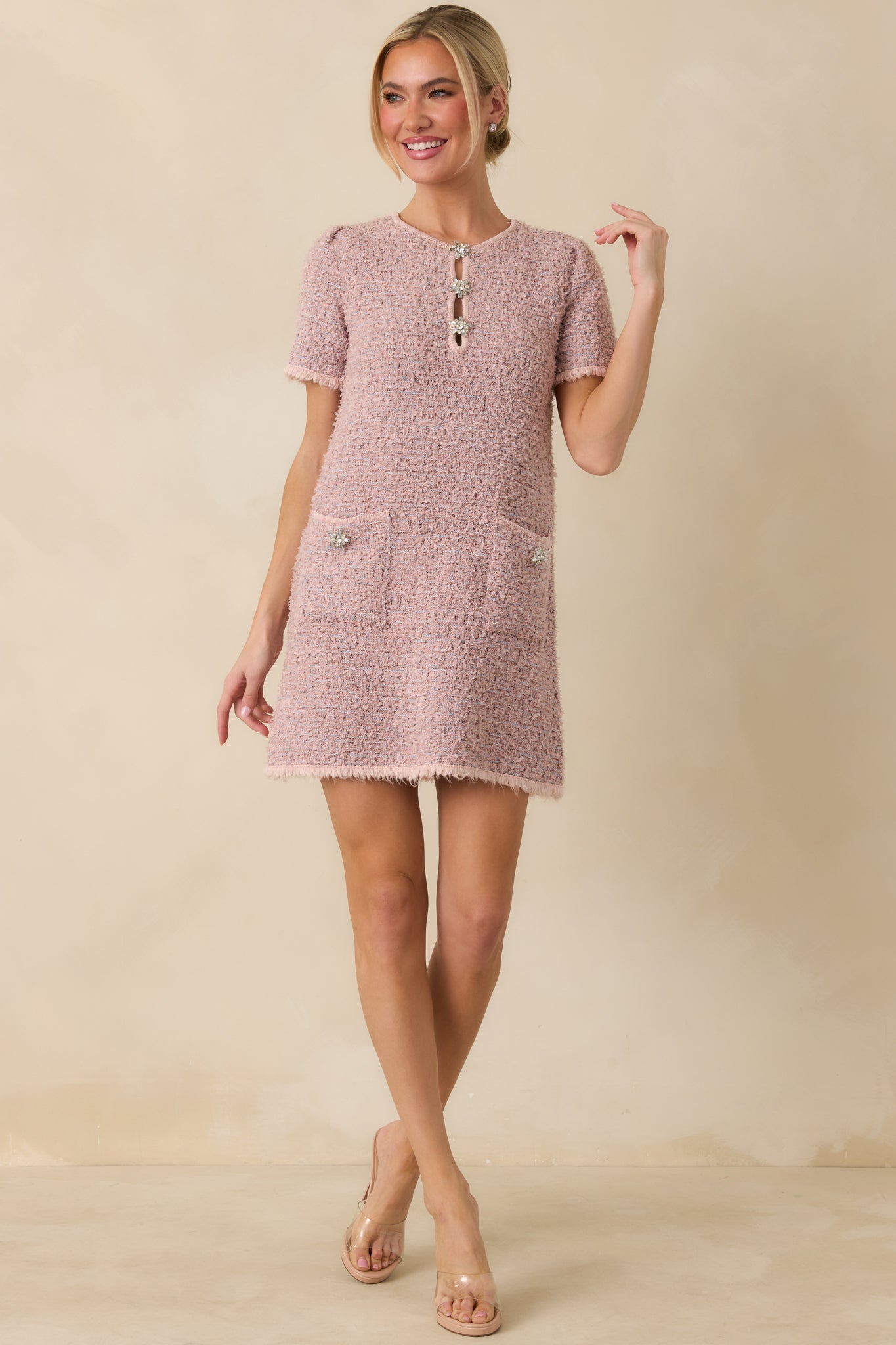 Soft Kisses Dusty Pink Short Sleeve Tweed Mini Dress