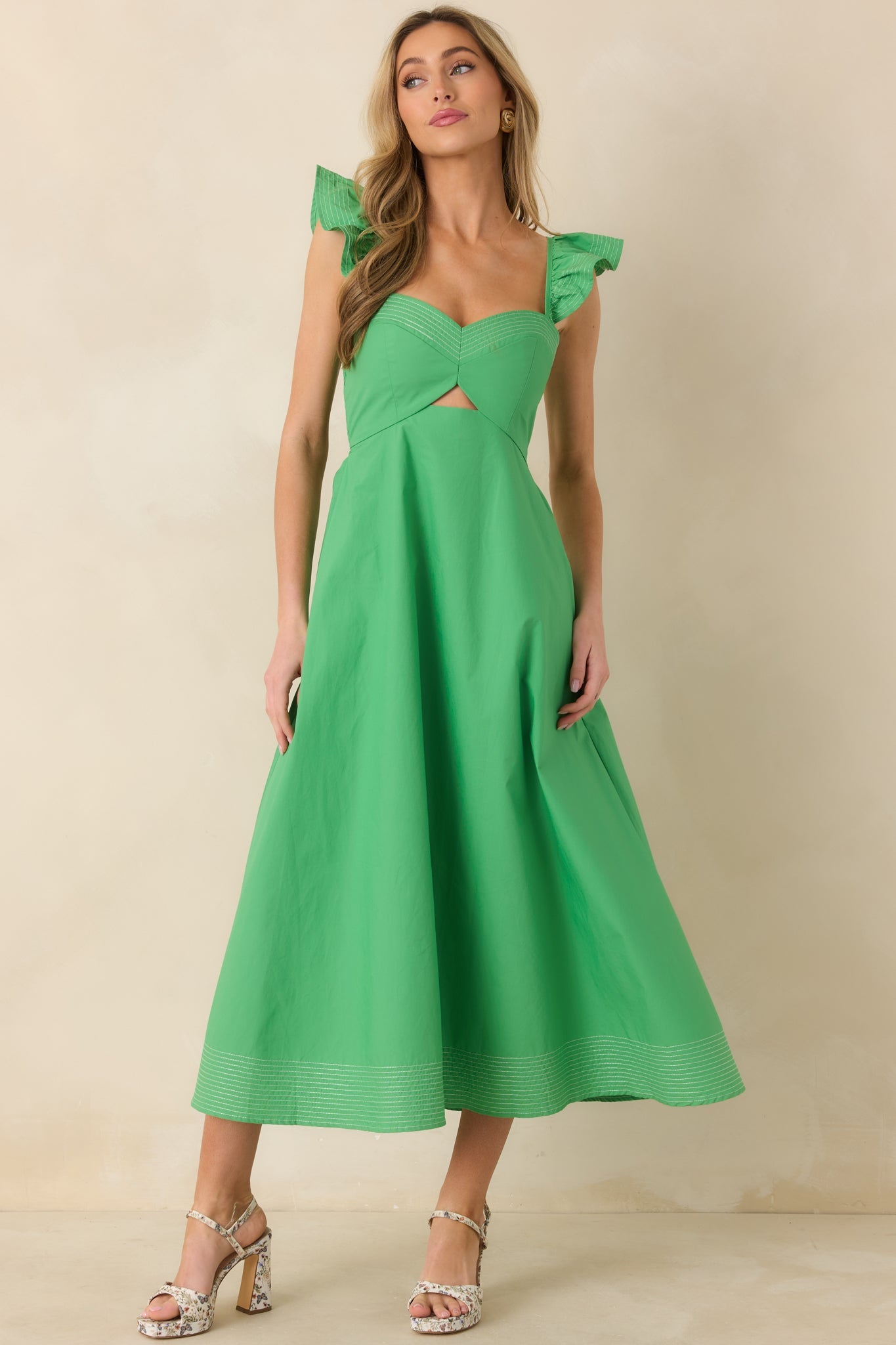 The Turning Point Green Cotton Cut Out Detail Flutter Sleeve Midi Dress
