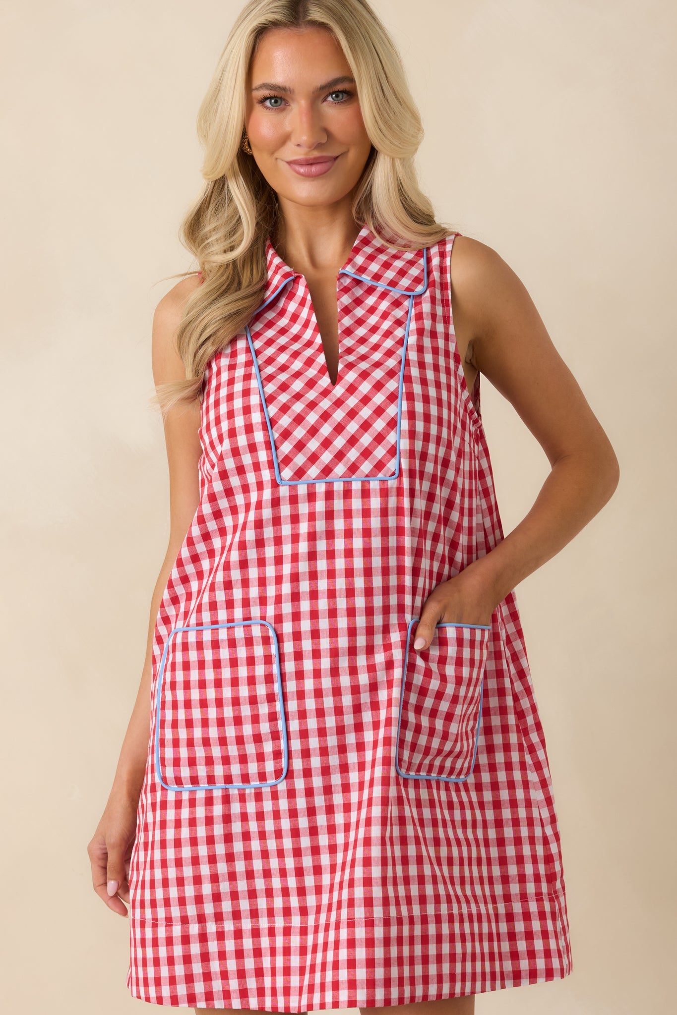 Summer Side Dish Red Gingham Cotton Mini Shift Dress