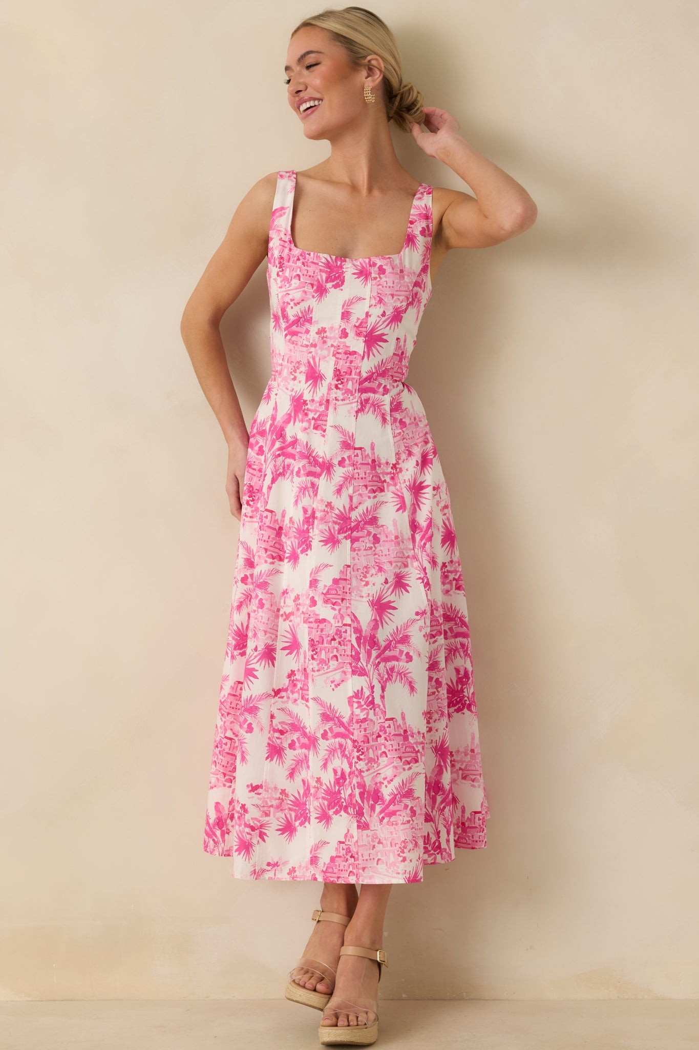 Destination Daydream Hibiscus Pink Palm Print Tie Back Midi Dress
