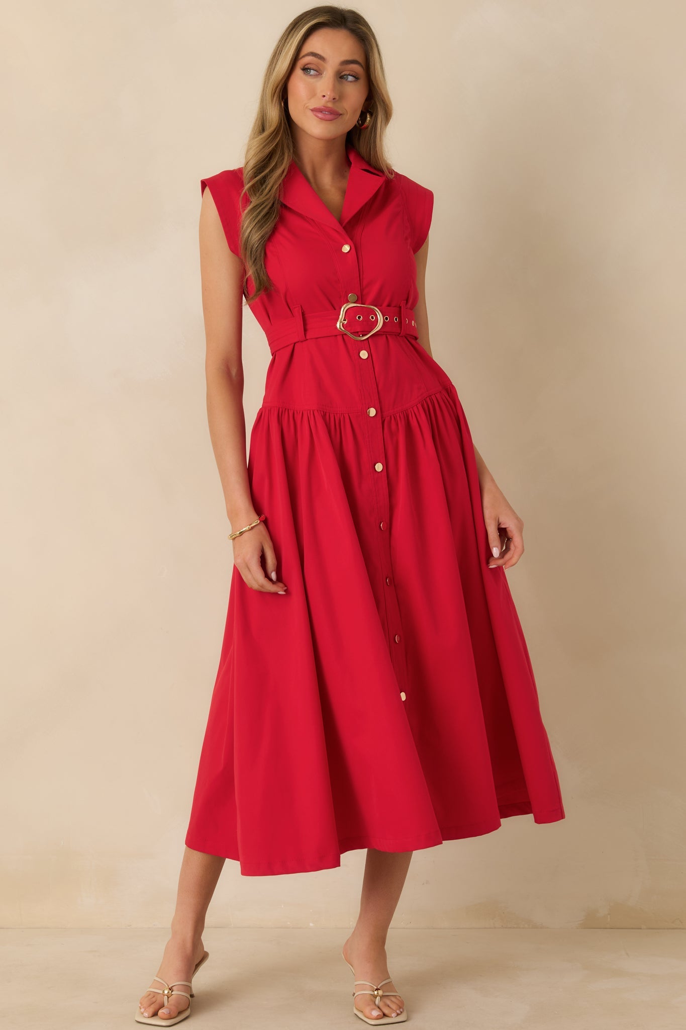 Just Right Moments Red Sleeveless Belted Maxi Shirt Dress