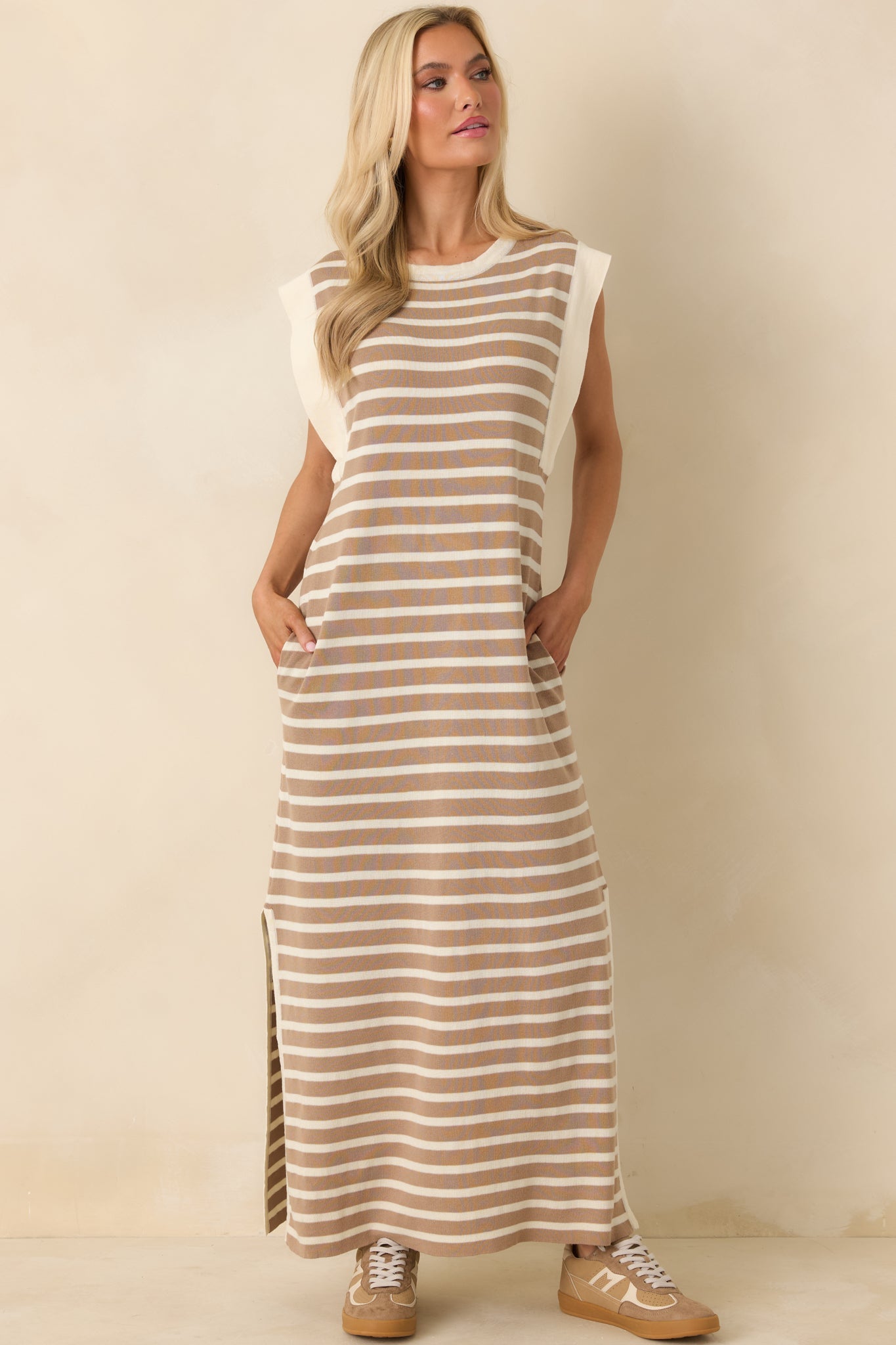 Keep It Straight Taupe Stripe Stretch Knit Maxi Dress