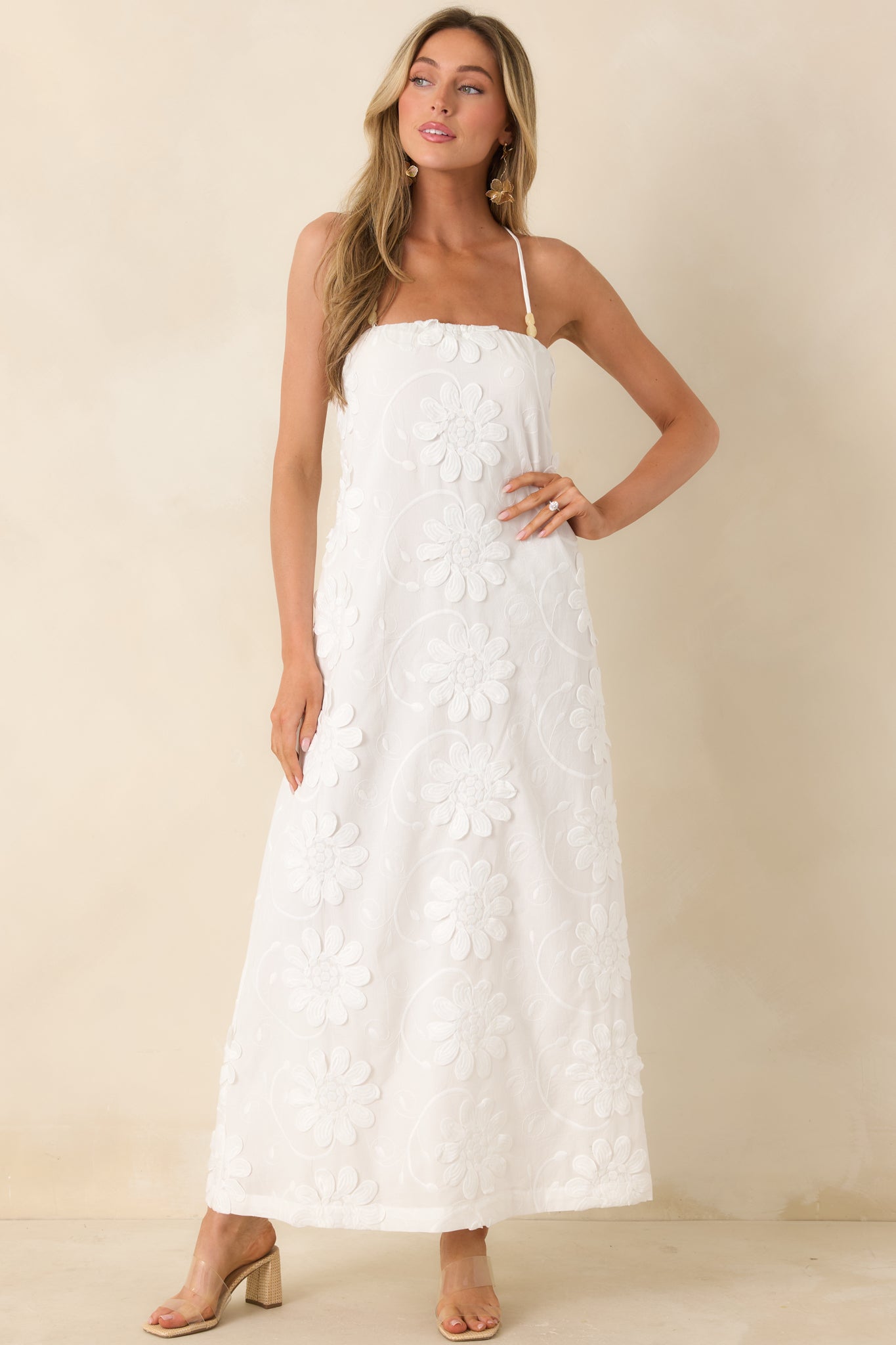 MINKPINK Alessia White Cotton Floral Applique Lace-Back Maxi Dress