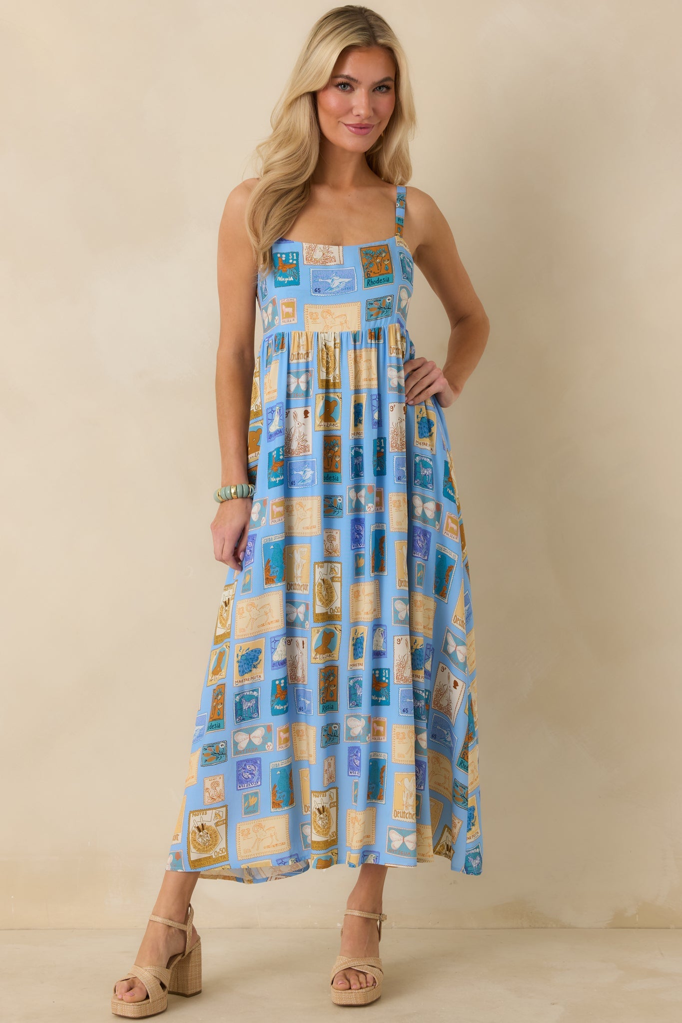 From Far & Away Blue Multi Vintage Stamp Print Midi Dress