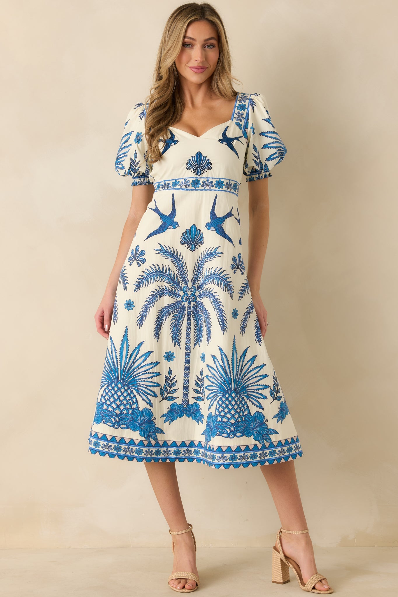 Aylaya Godthab Vibrant Blue & Ivory Cotton Tropical Print Midi Dress