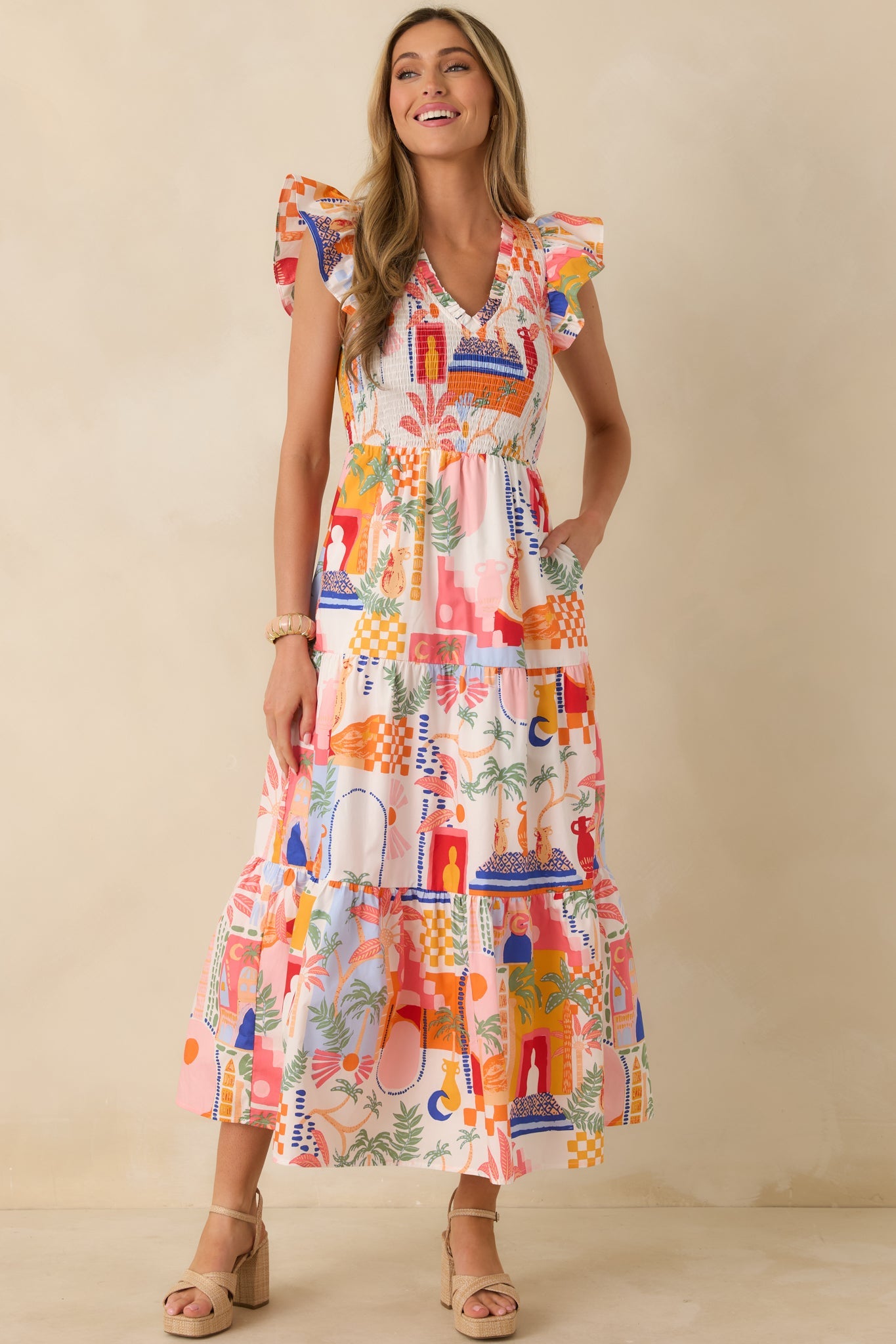 Where the Sun Goes Orange & Pink Multi Cotton V-Neck Flutter Sleeve Maxi Dress
