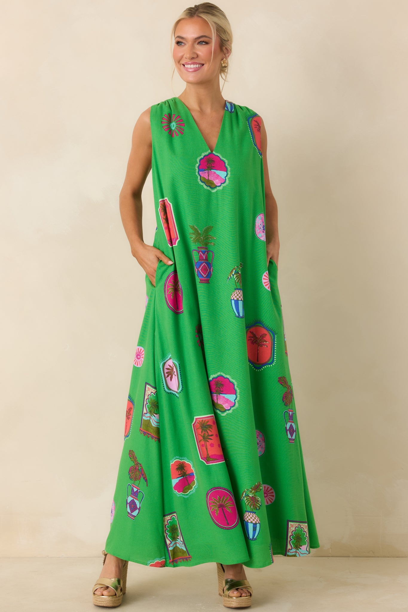 Send Me A Postcard Green Multi Tropical Print Maxi Dress