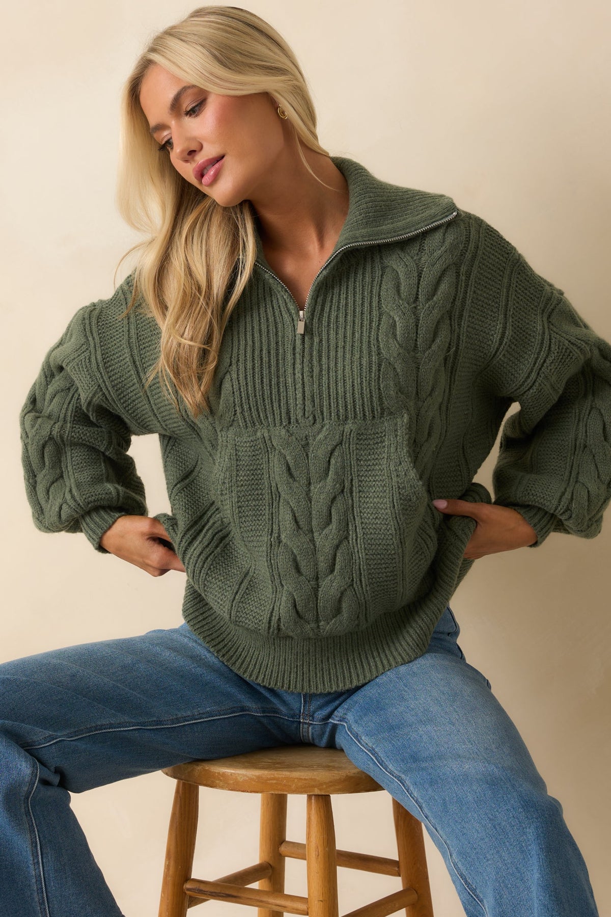 Day After Day Green Cable Knit Quarter Zip Pullover Sweater