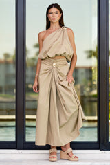 Get My Good Side Tan Ruched Drape Maxi Skirt