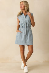 The Better Way Light Wash Pinstripe Cotton Denim Mini Dress