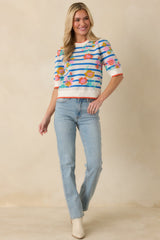 Flower Market Morning Blue Multi Floral Stripe Short Sleeve Sweater