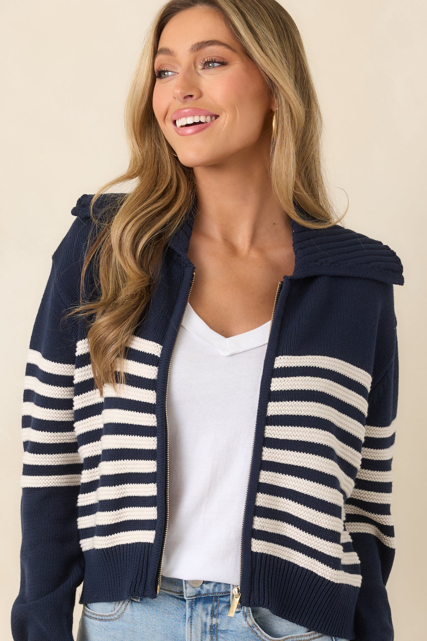 Z Supply Kovac Navy & Ivory Stripe Cotton Sweater Jacket