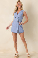 All In Line Blue Stripe Cotton Blend Double Breasted Romper