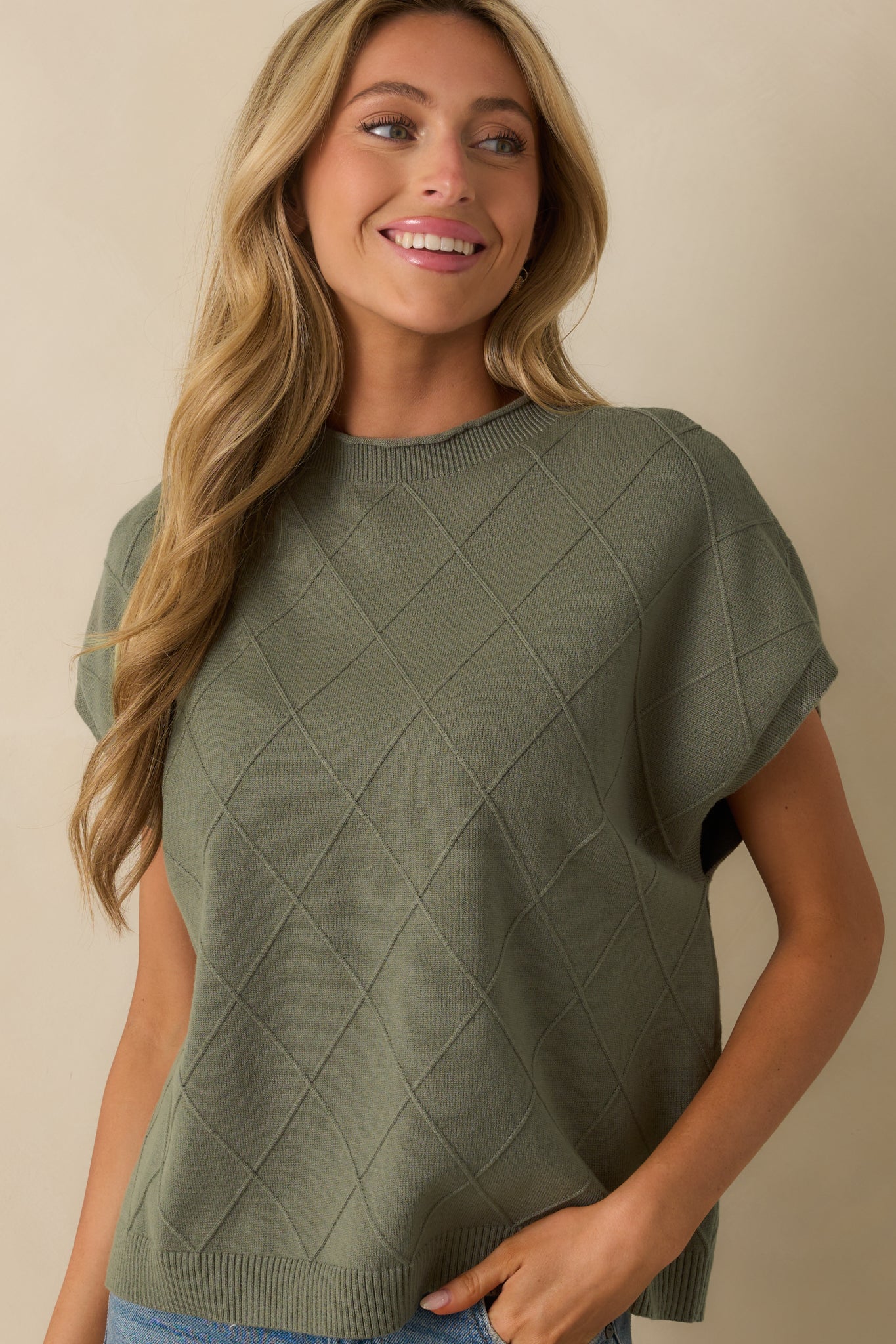 The Clear Choice Olive Green Short Sleeve Argyle Stitch Sweater