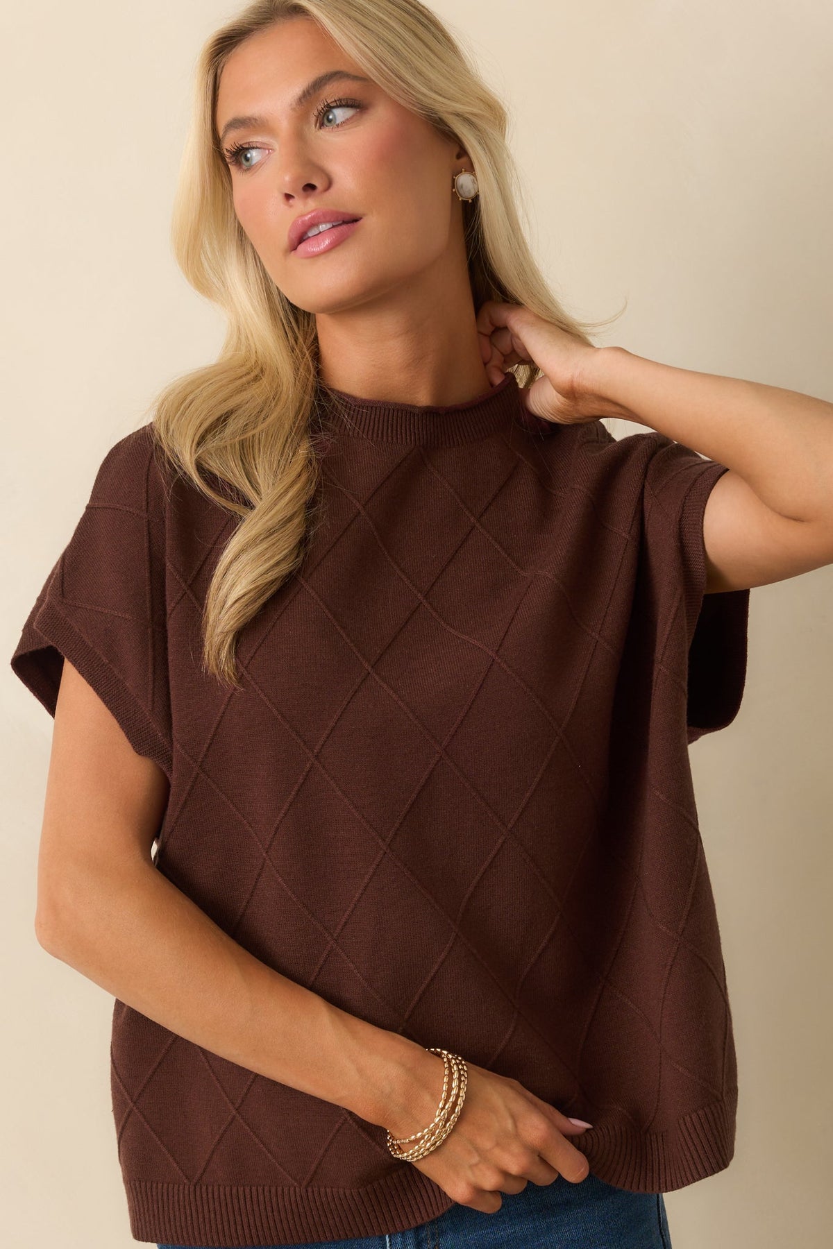 The Clear Choice Brown Short Sleeve Argyle Stitch Sweater
