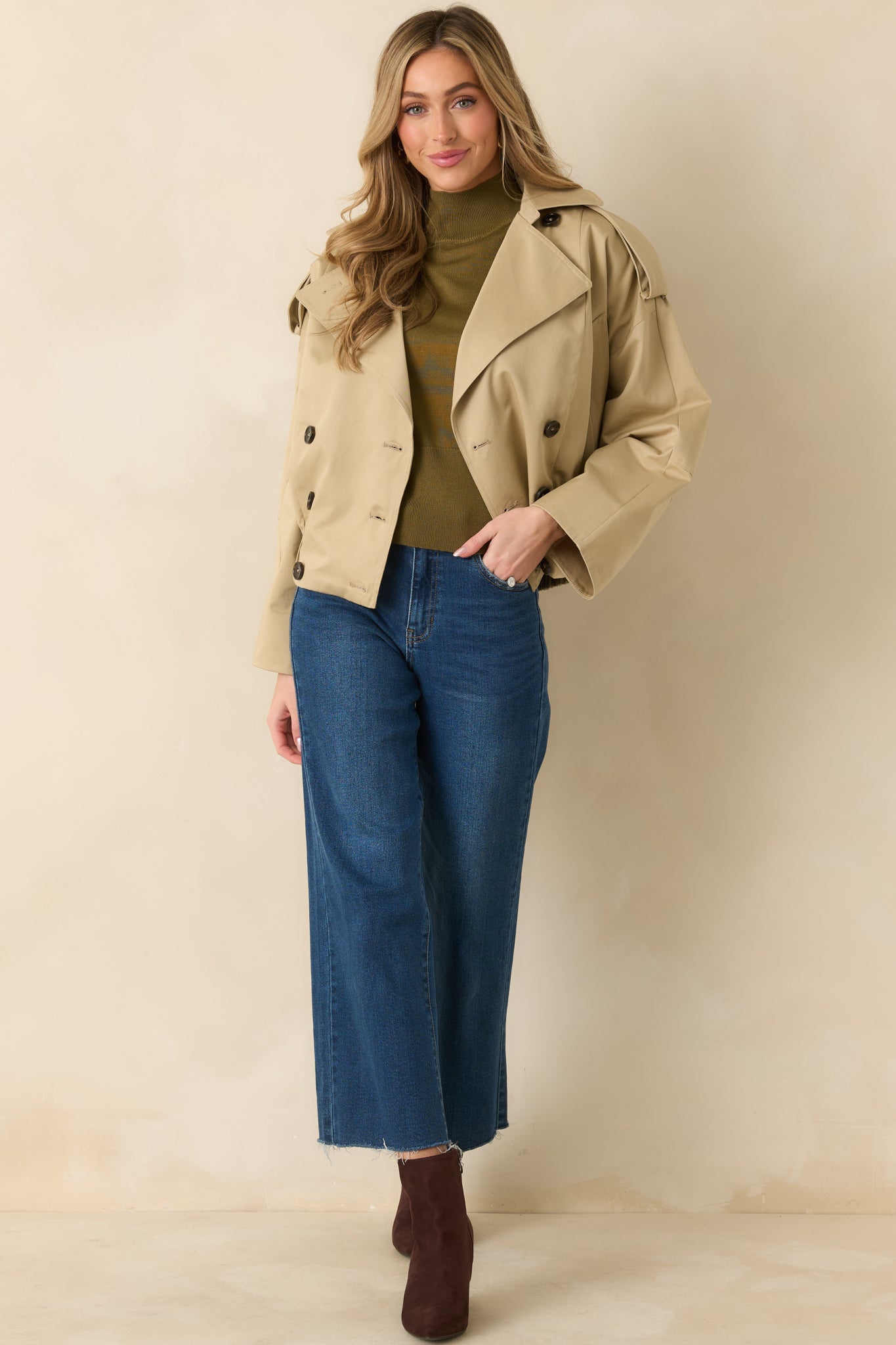 Modern Forecast Beige Cotton Double Breasted Cropped Trench Jacket