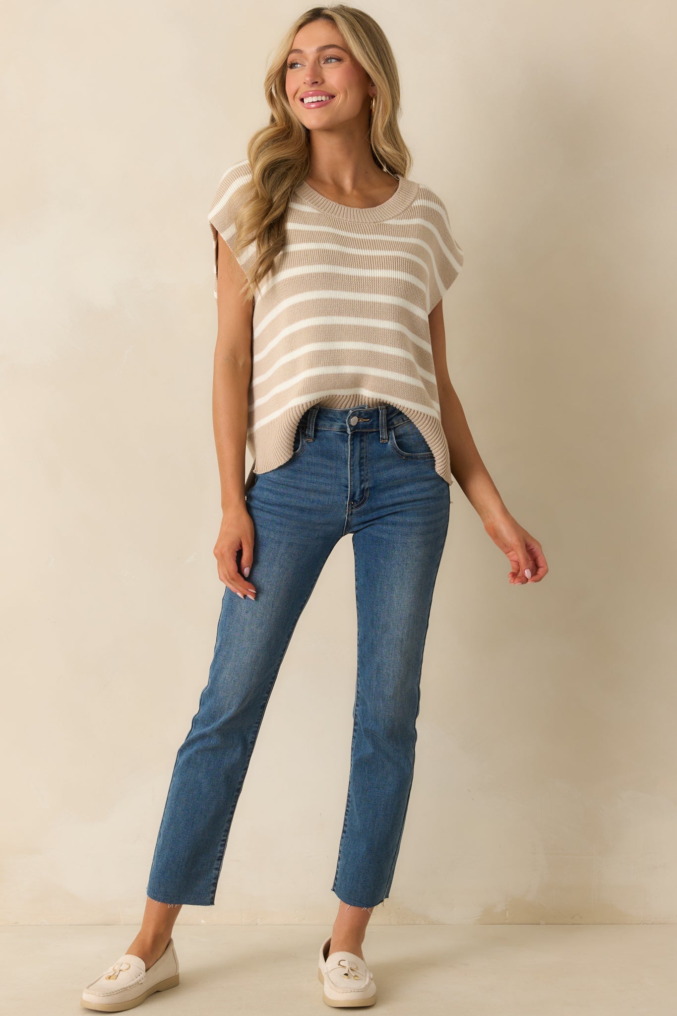 Daring Diva Taupe Stripe Oversized Sweater Vest