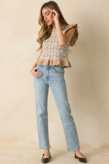 Sweet Meadow Taupe Multi Floral Knit Ruffled Cap Sleeve Top