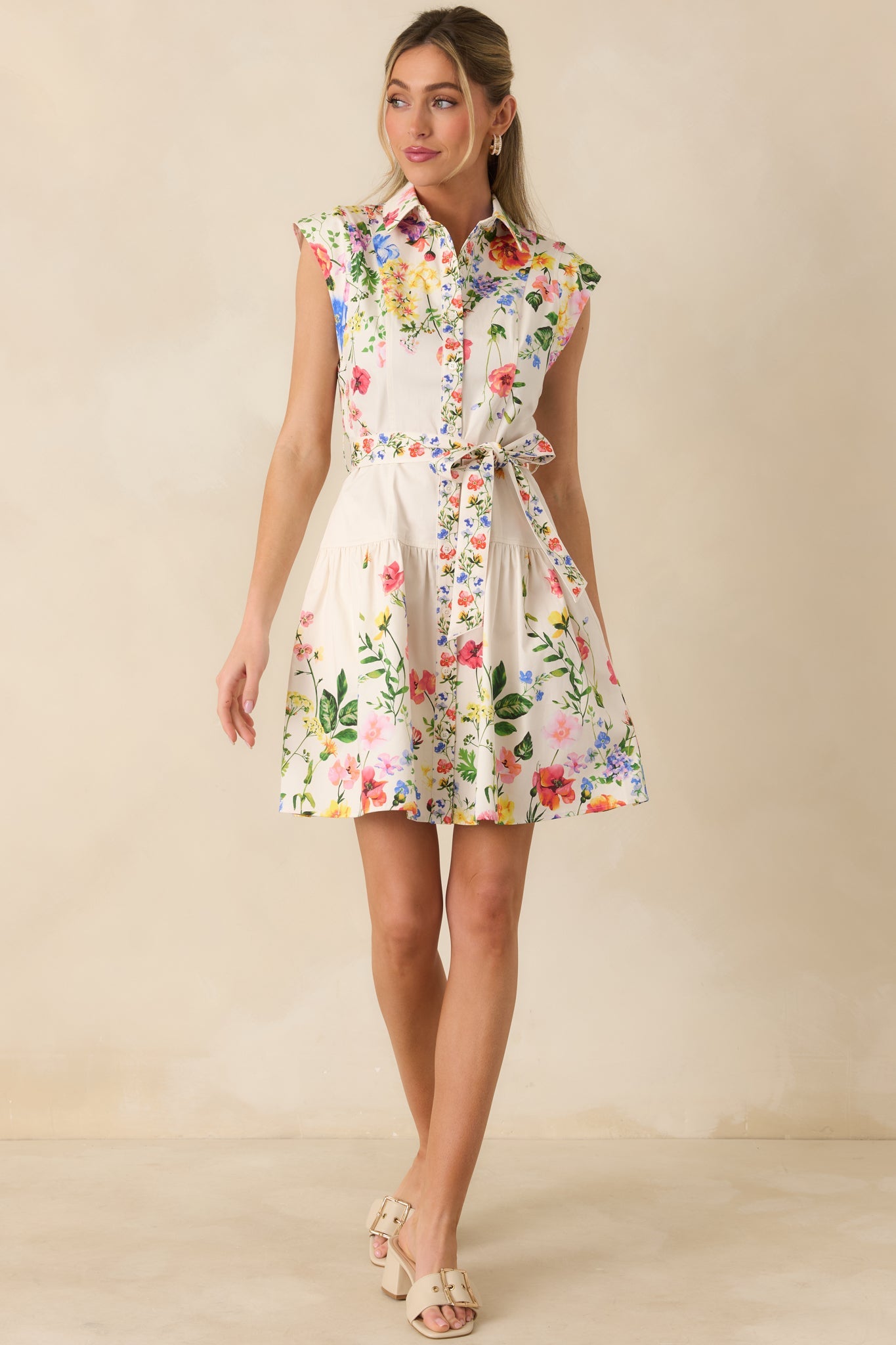 What Lies Ahead White Multi Cotton Floral Tie Belt Mini Dress