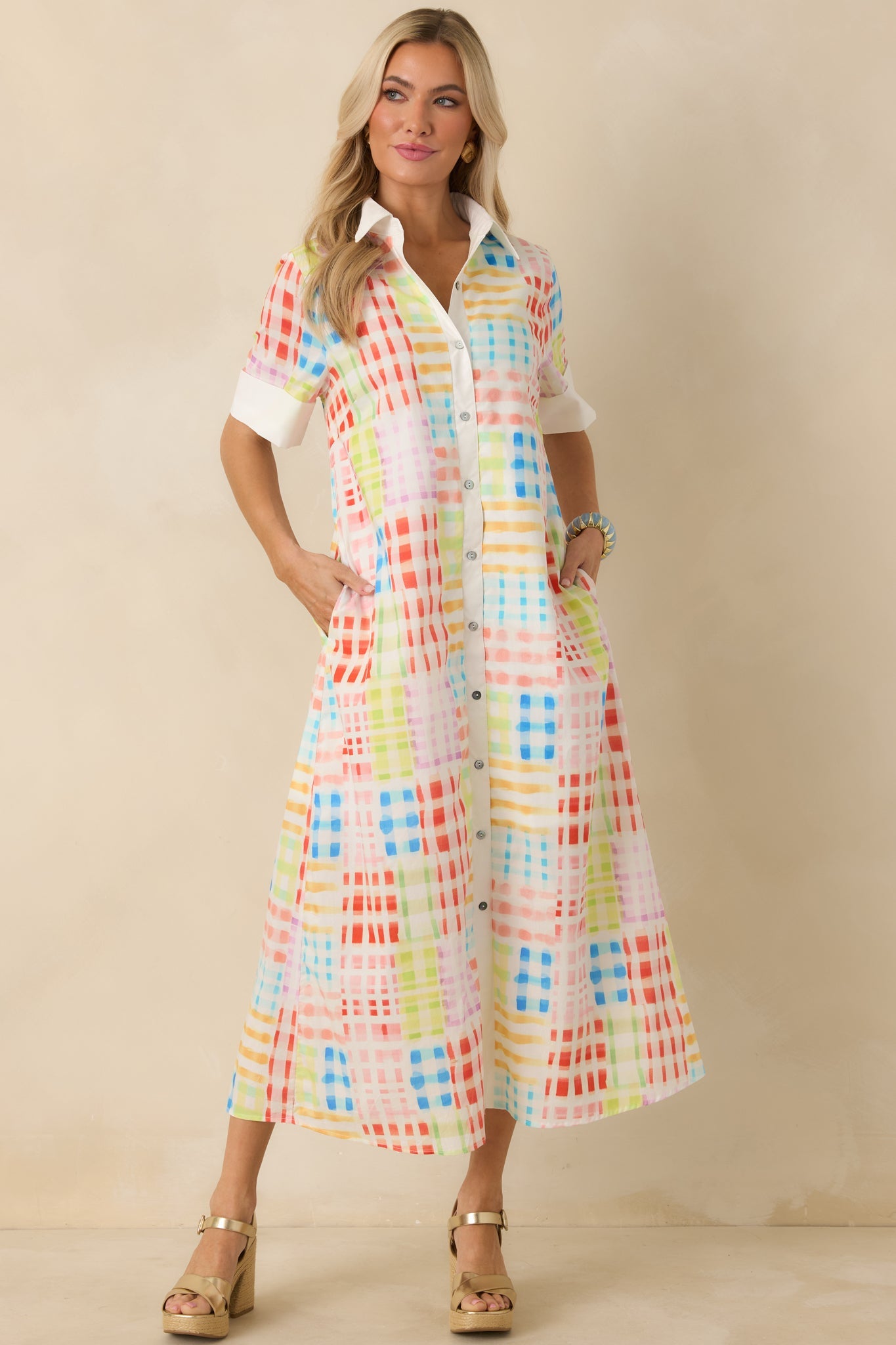 Fresh Palette Multi Color Cotton Check Button Front Maxi Shirt Dress