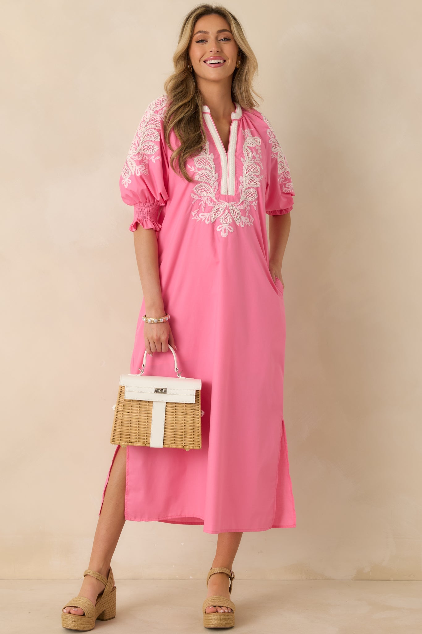 When It Feels Right Pink Embroidered V-Neck Maxi Dress