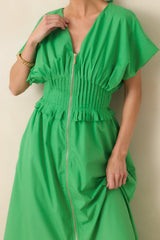 Let It Be Easy Kelly Green Smocked Waist Zip Maxi Dress