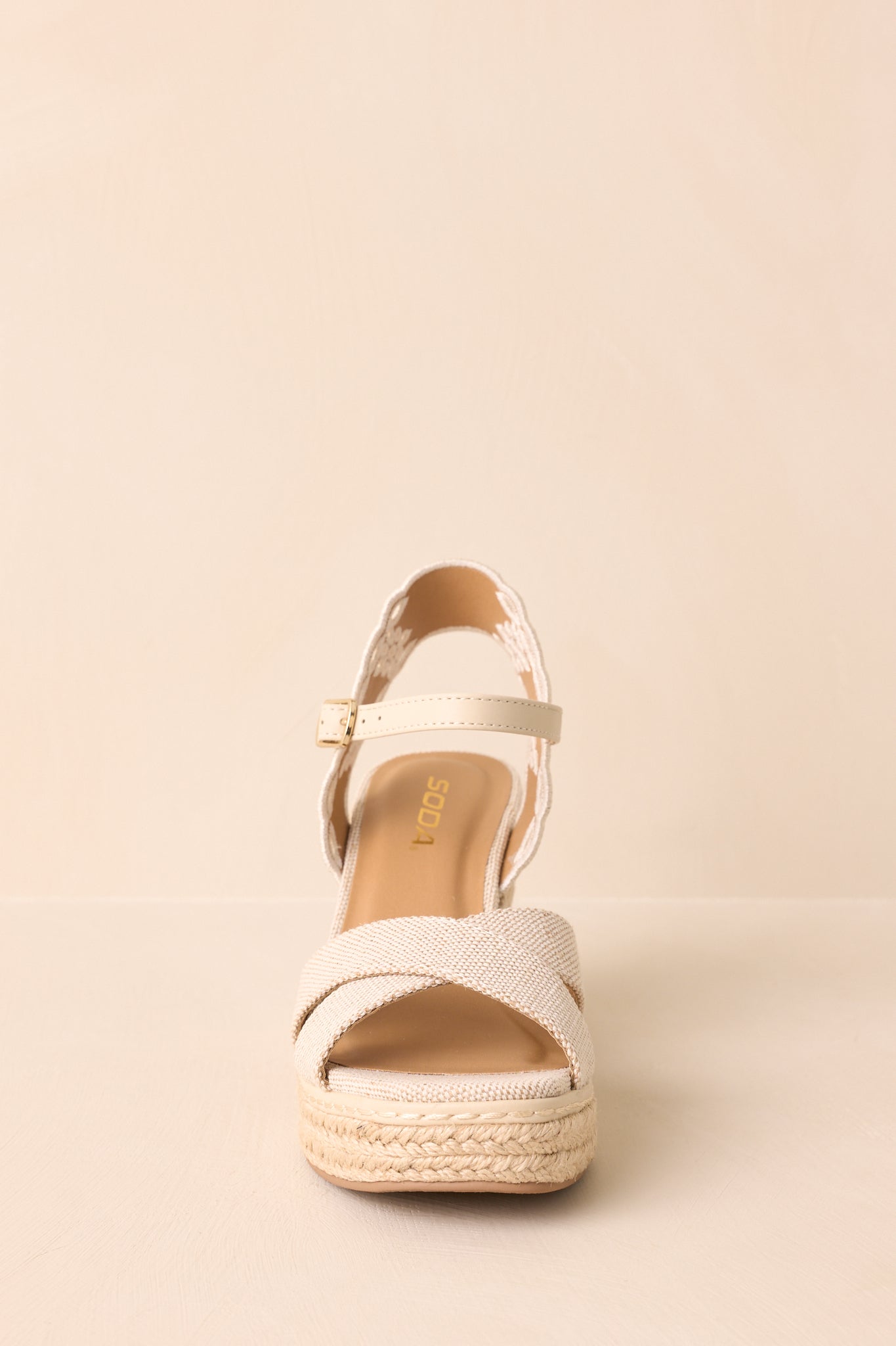 Taking It All In Beige Canvas Embroidered Eyelet Wedge Sandals
