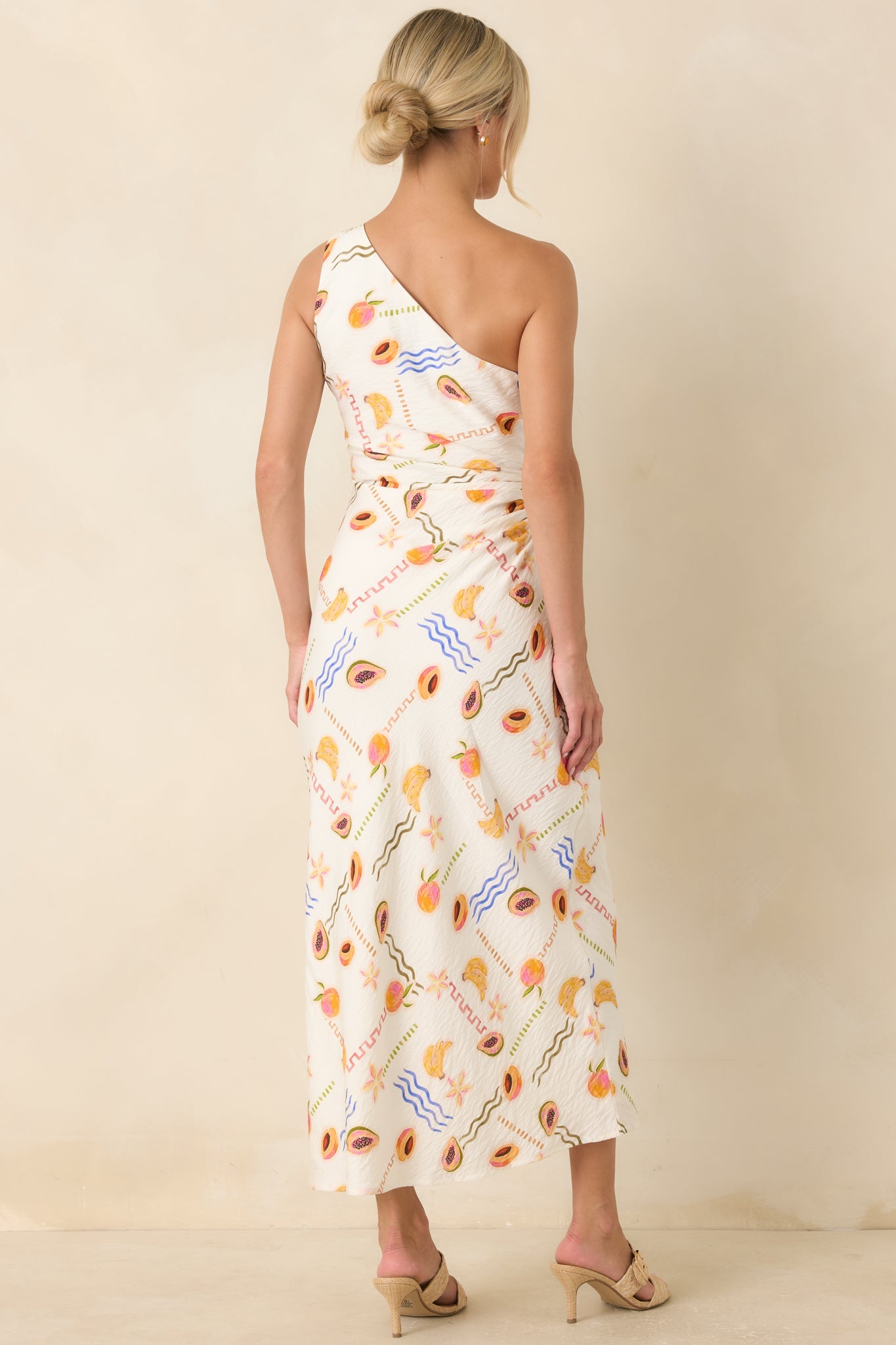 MINKPINK Carmen White Multi Fruit Print One Shoulder Maxi Dress