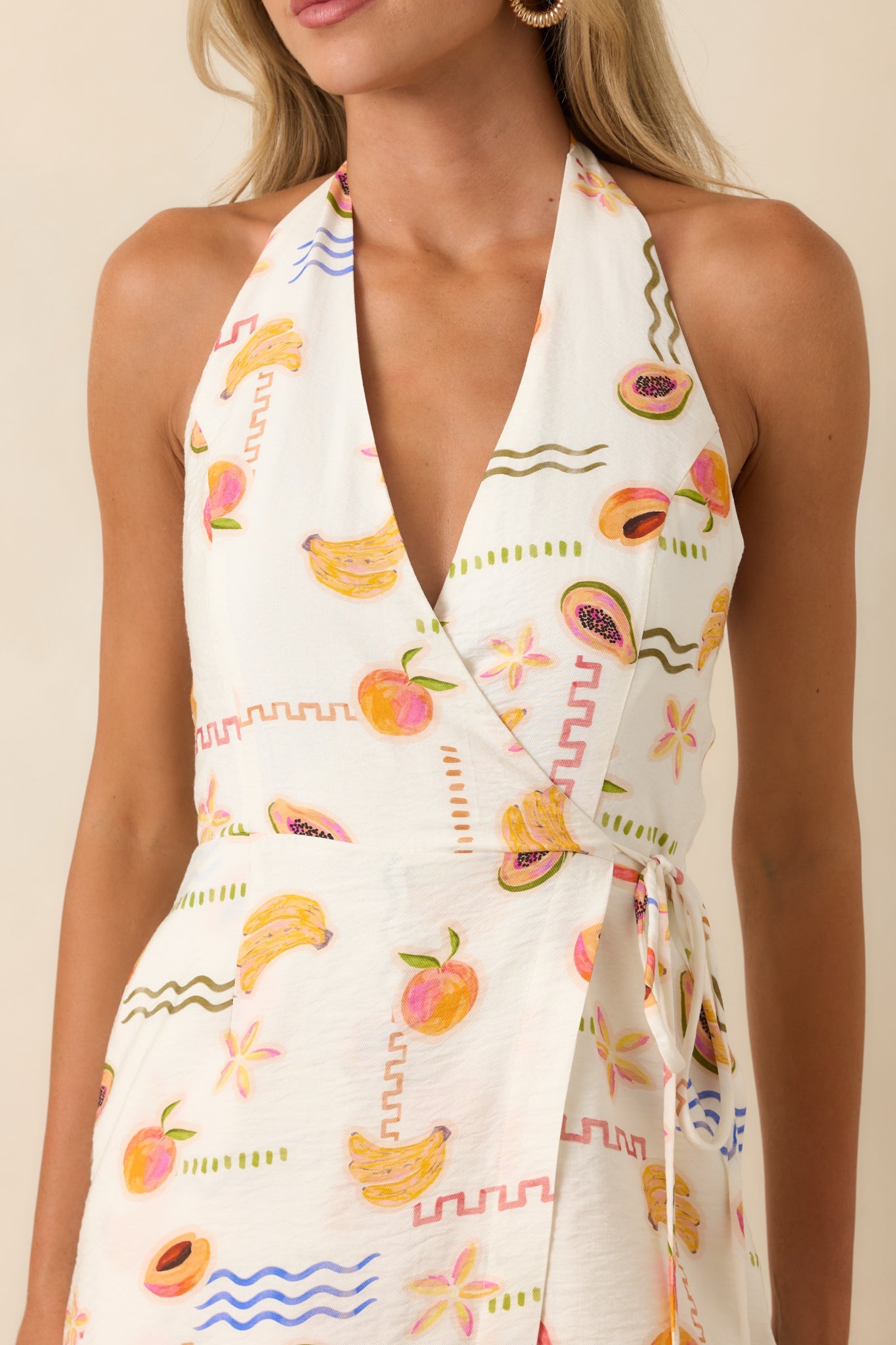 MINKPINK Carmen White Multi Fruit Print Halter Romper