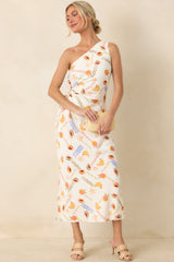 MINKPINK Carmen White Multi Fruit Print One Shoulder Maxi Dress