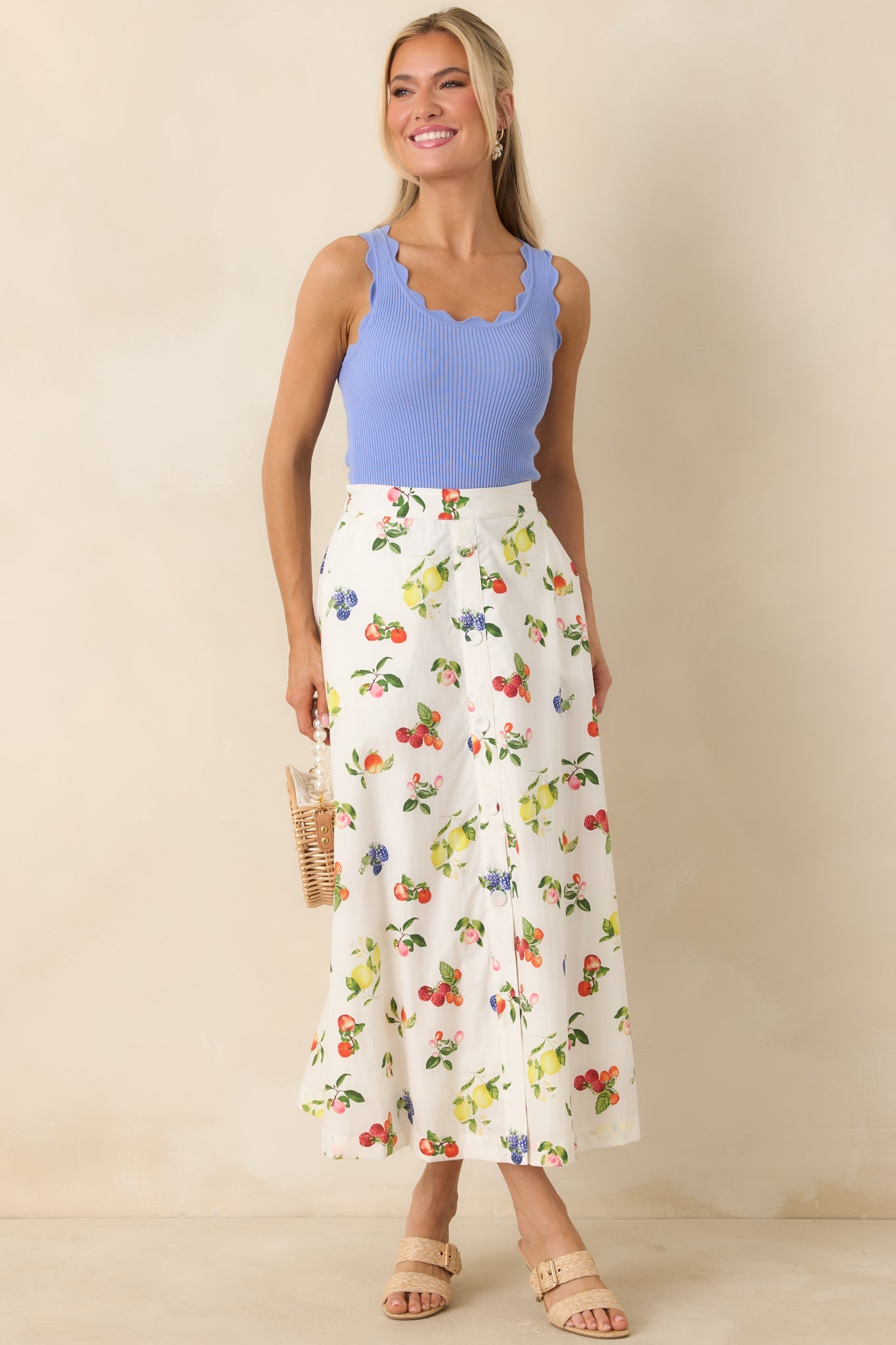 Pick of the Season White Multi Cotton Fruit Print Midi Skirt