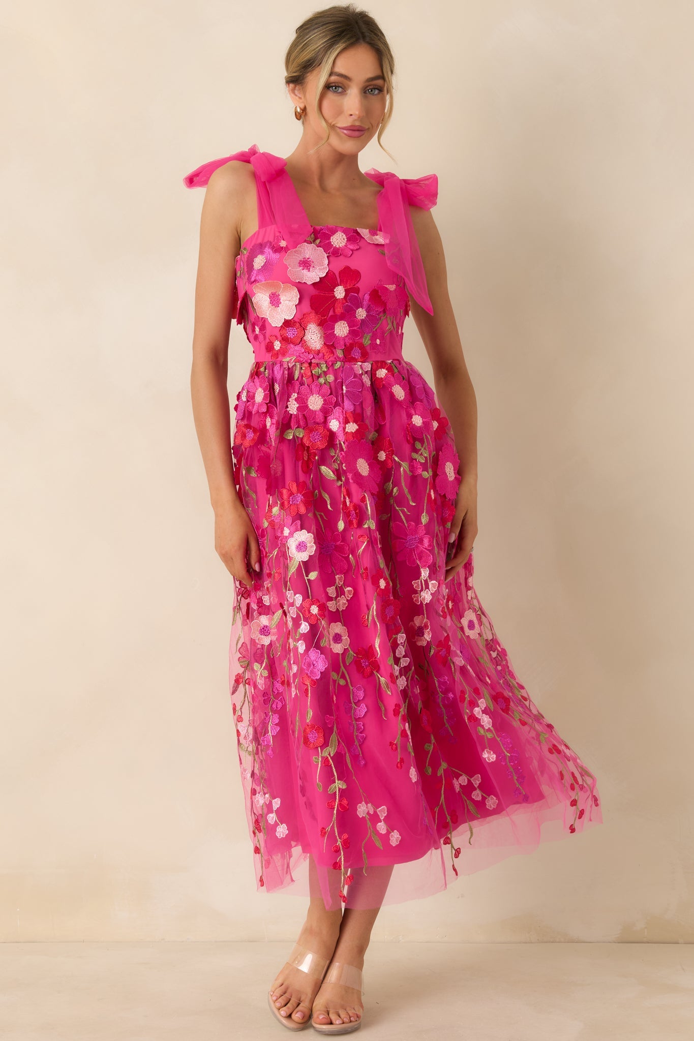 Spirit of Spring Fuchsia Pink Floral Embroidered Maxi Dress