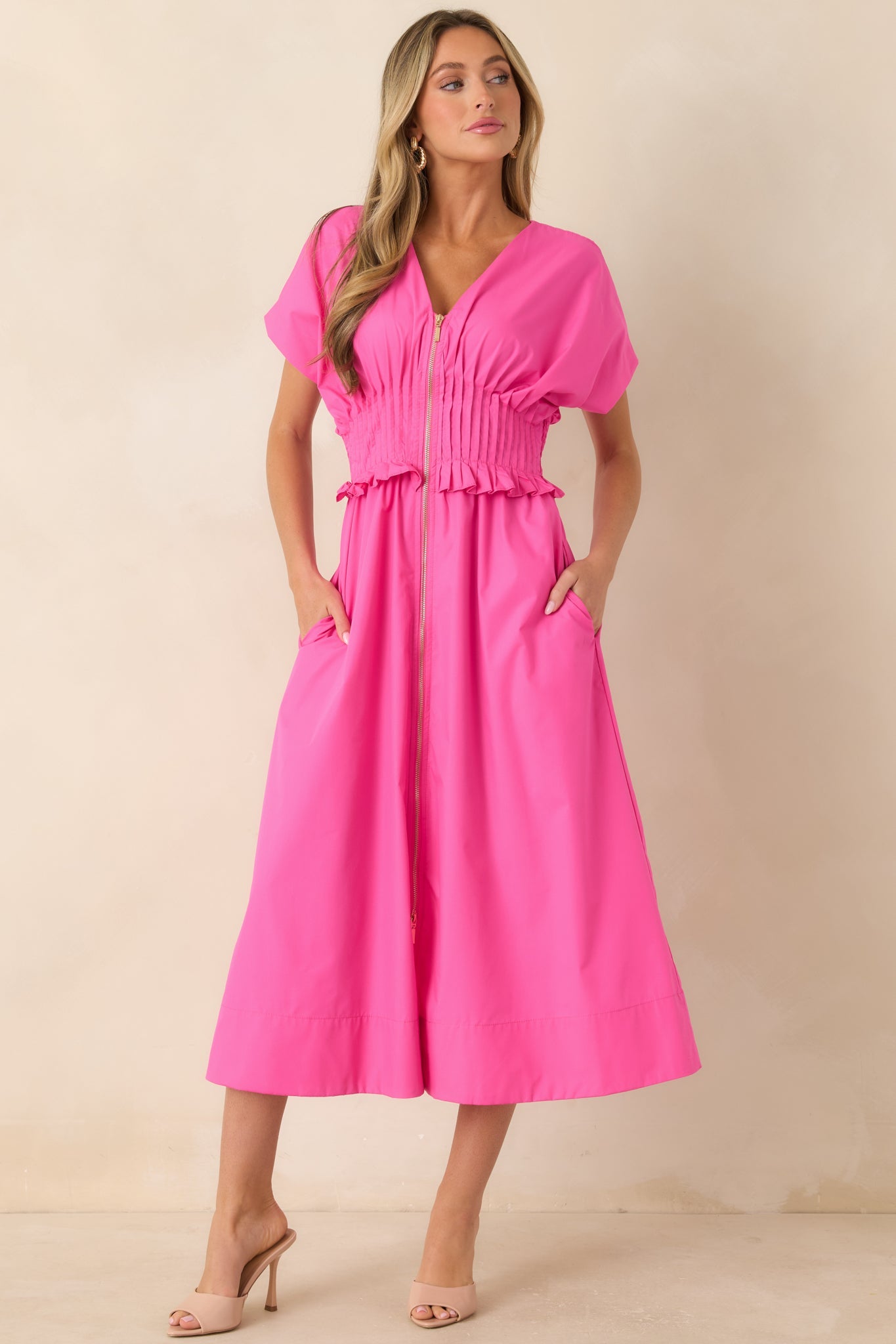 Let It Be Easy Fuchsia Smocked Waist Zip Maxi Dress