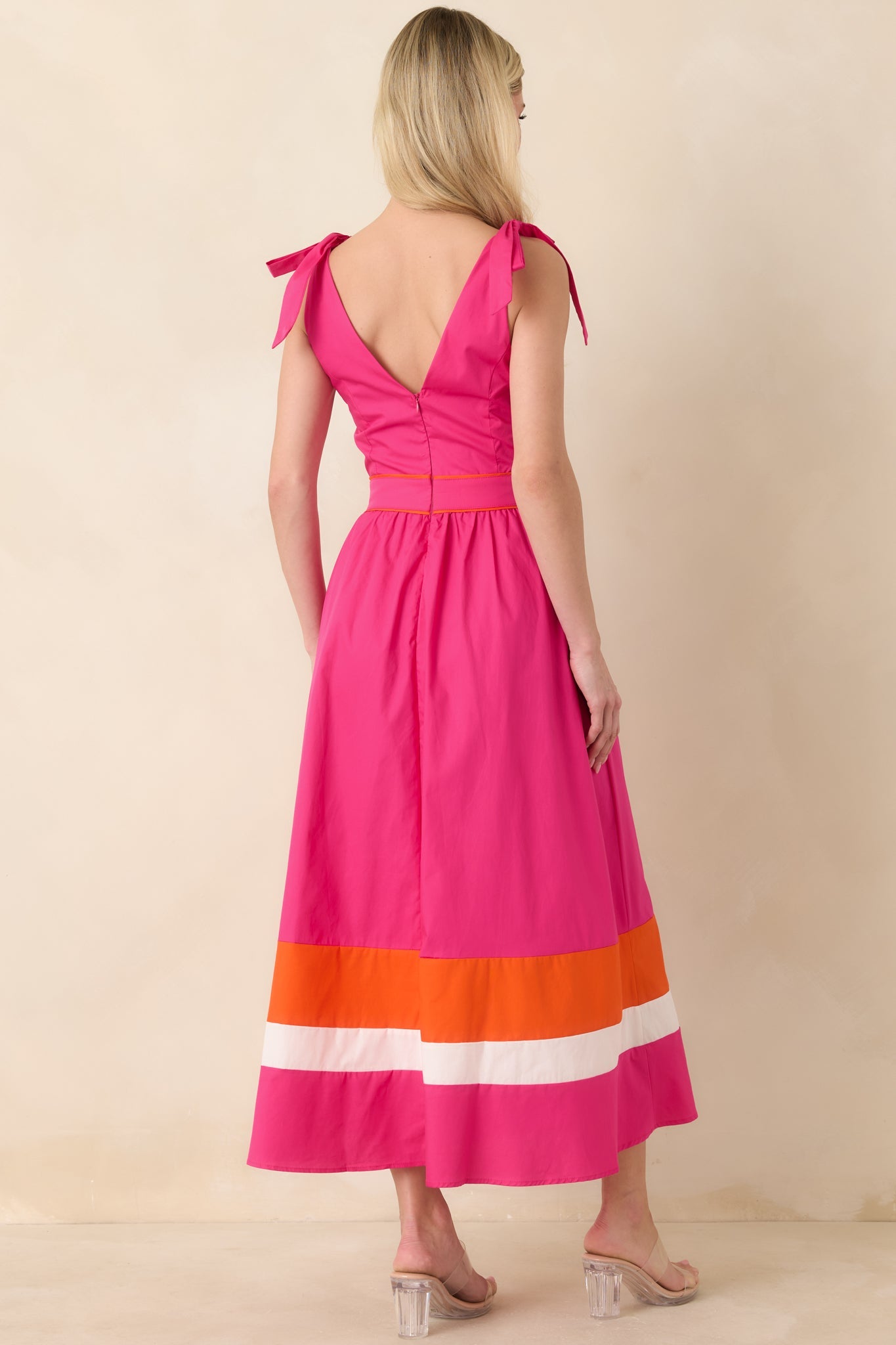 Just Getting Started Fuchsia Pink & Orange Cotton Tie Strap Midi Dress