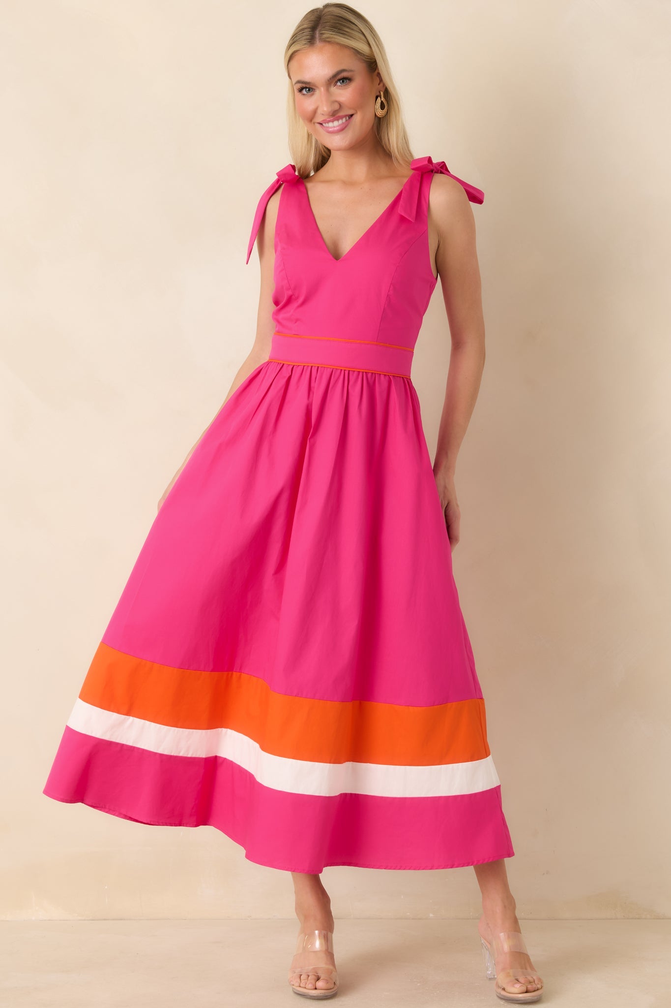Just Getting Started Fuchsia Pink & Orange Cotton Tie Strap Midi Dress