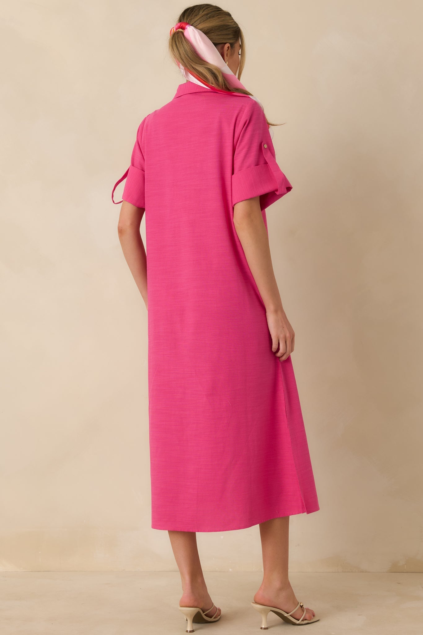Show Me the Way Fuchsia Cotton Button Front Midi Shirt Dress