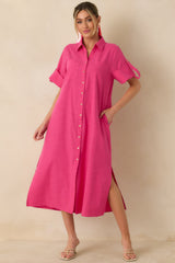 Show Me the Way Fuchsia Cotton Button Front Midi Shirt Dress