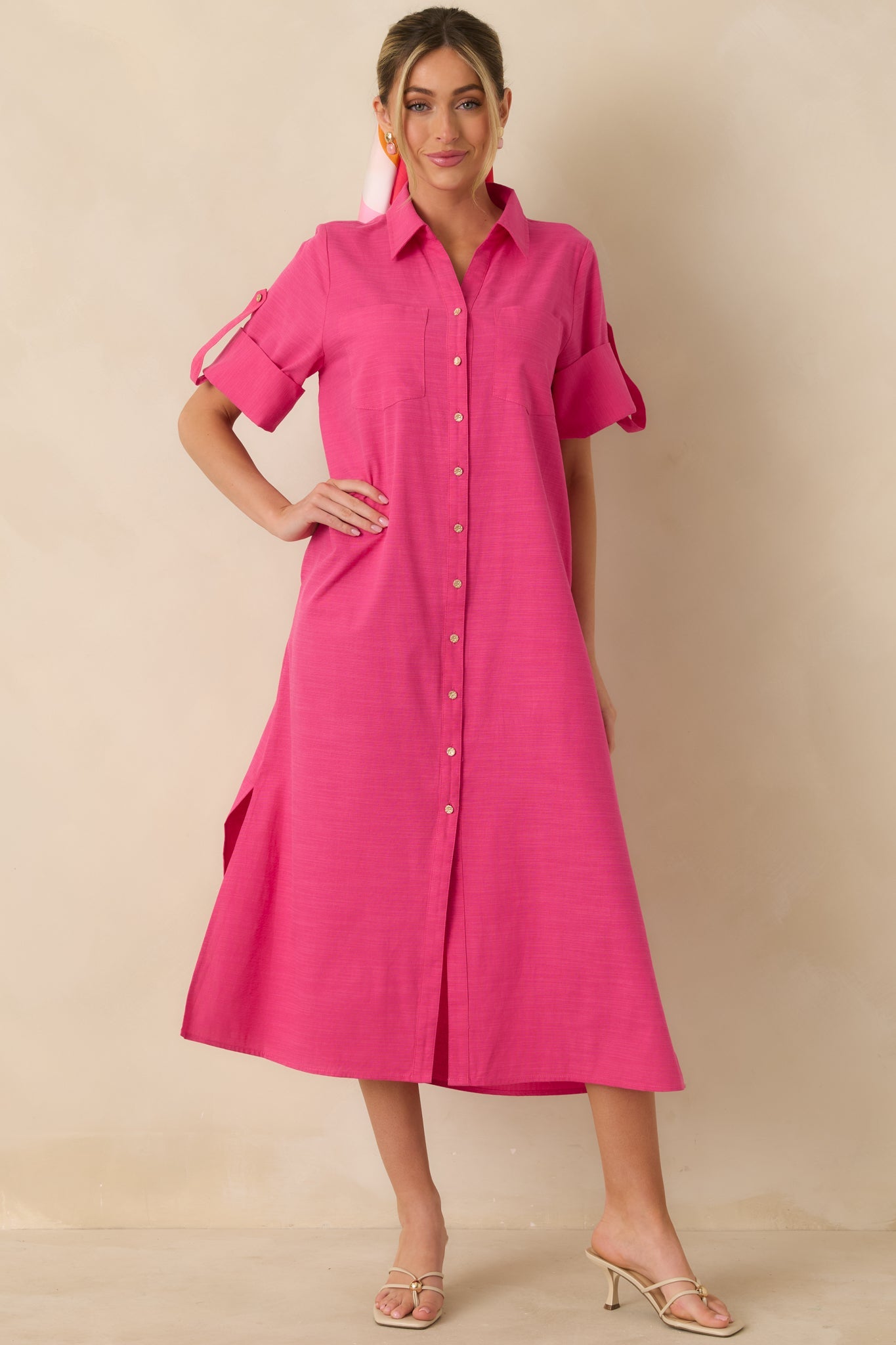 Show Me the Way Fuchsia Cotton Button Front Midi Shirt Dress