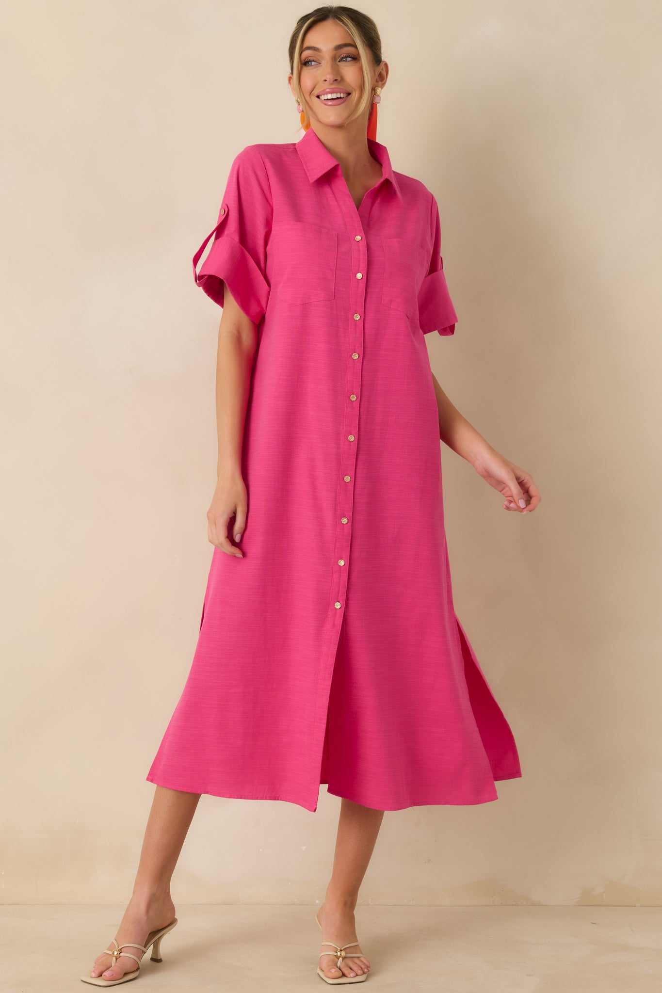 Show Me the Way Fuchsia Cotton Button Front Midi Shirt Dress