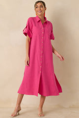 Show Me the Way Fuchsia Cotton Button Front Midi Shirt Dress